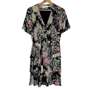 Richard Warren 100% silk floral ruffle vintage dress v-neck 10 flutter sleeve